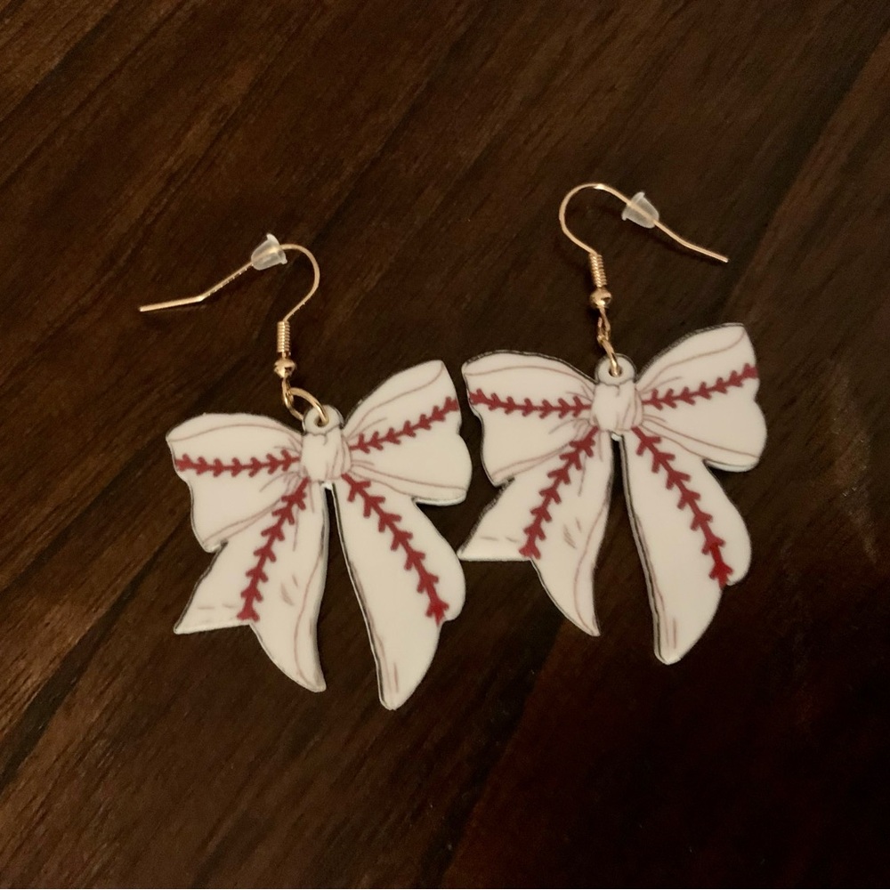 White and Red Bow Baseball Themed Earrings - Picture 3 of 4